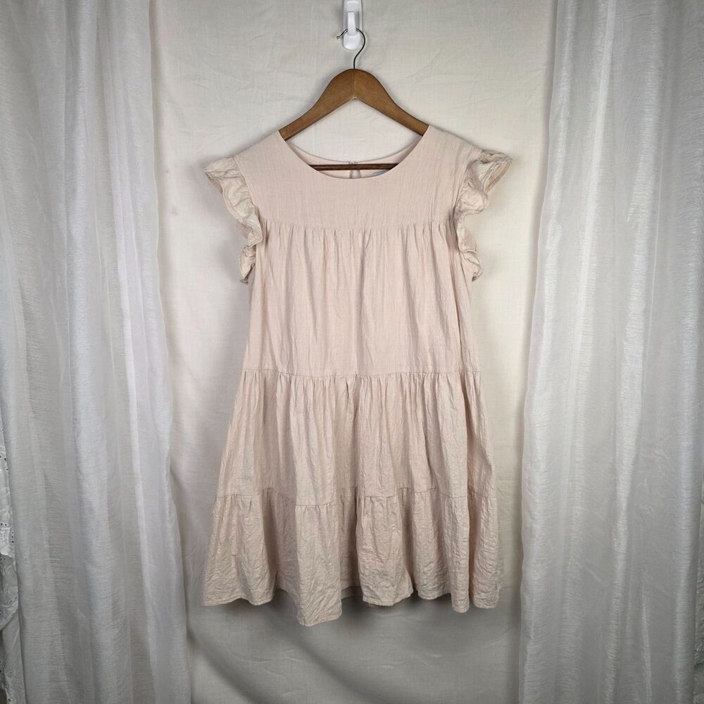 Beige Cotton Babydoll Dress Flutter Sleeve Casual Comfy Coquette Lagenlook